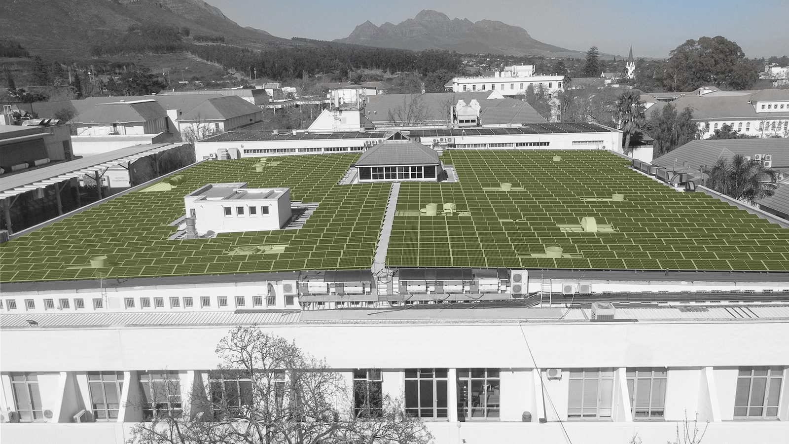 Campus rooftop solar below the mountains