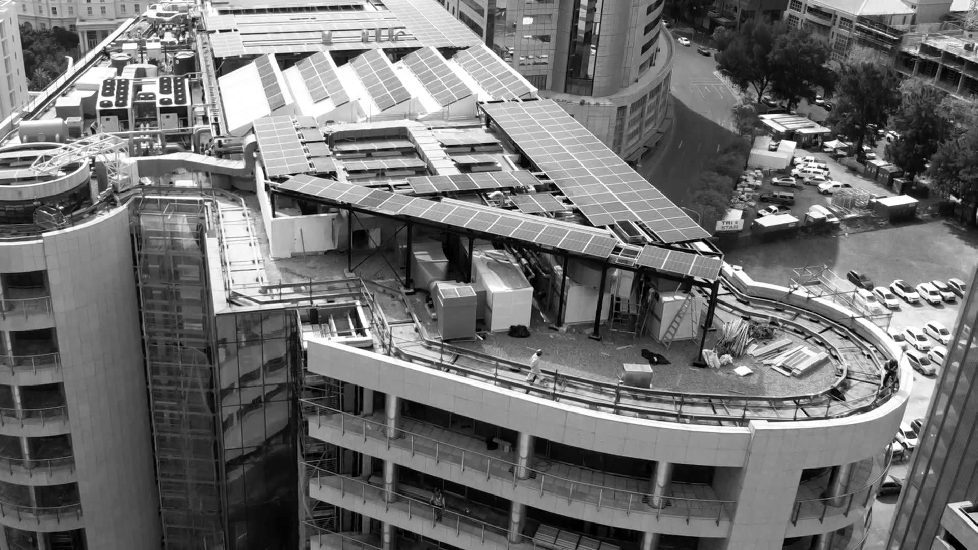 Aerial view over 36 Hans Strijdom, its roof covered in solar panels